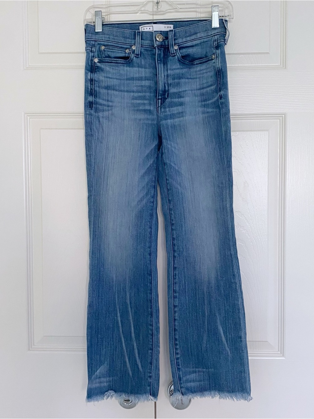 AYR The Bomb Pop Jeans Blue Medium Wash Frayed Raw Hem Size 25S